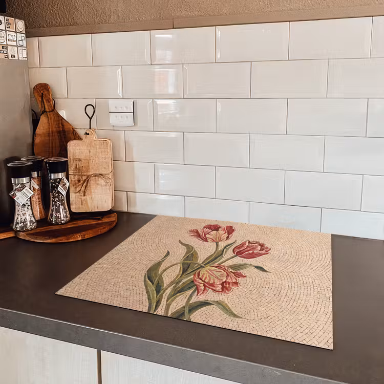 Bloemen - Mozaïek - Rood - Groen - Kunst Inductie beschermer vinyl 3mm middel -sfeer3