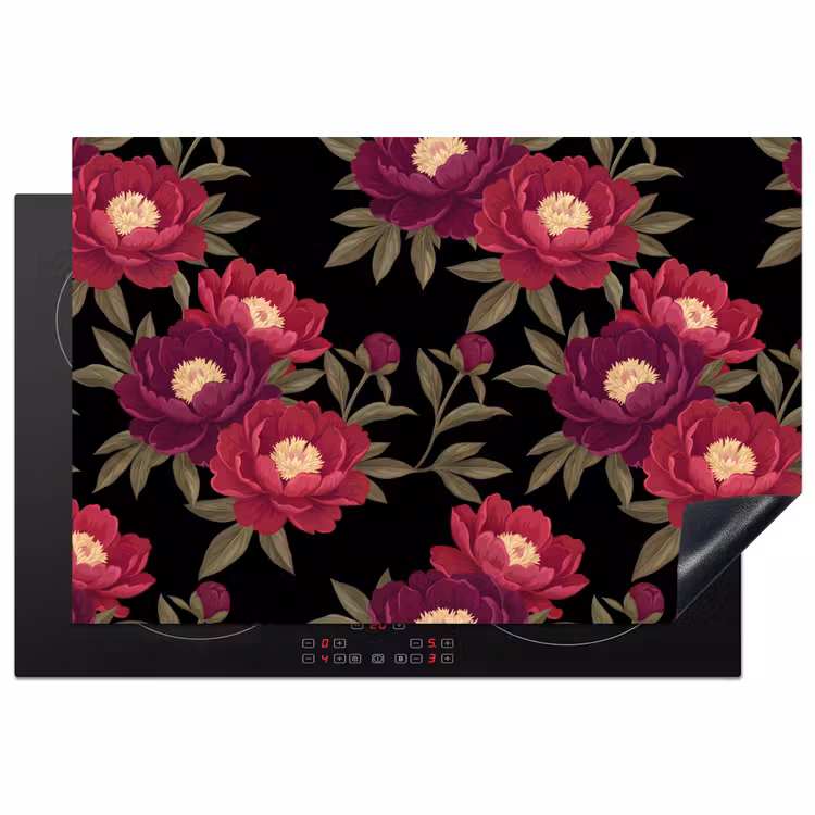 Bloemen - Patroon - Botanisch - Rood - Zwart Inductie beschermer vinyl 3mm klein -3d