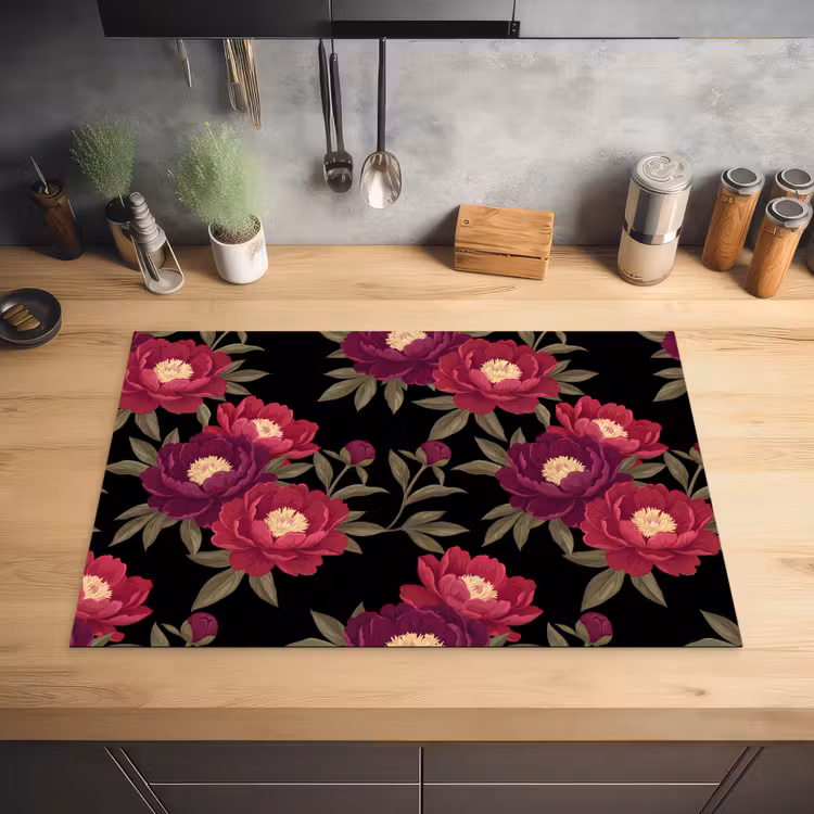 Bloemen - Patroon - Botanisch - Rood - Zwart Inductie beschermer vinyl 3mm klein -sfeer5