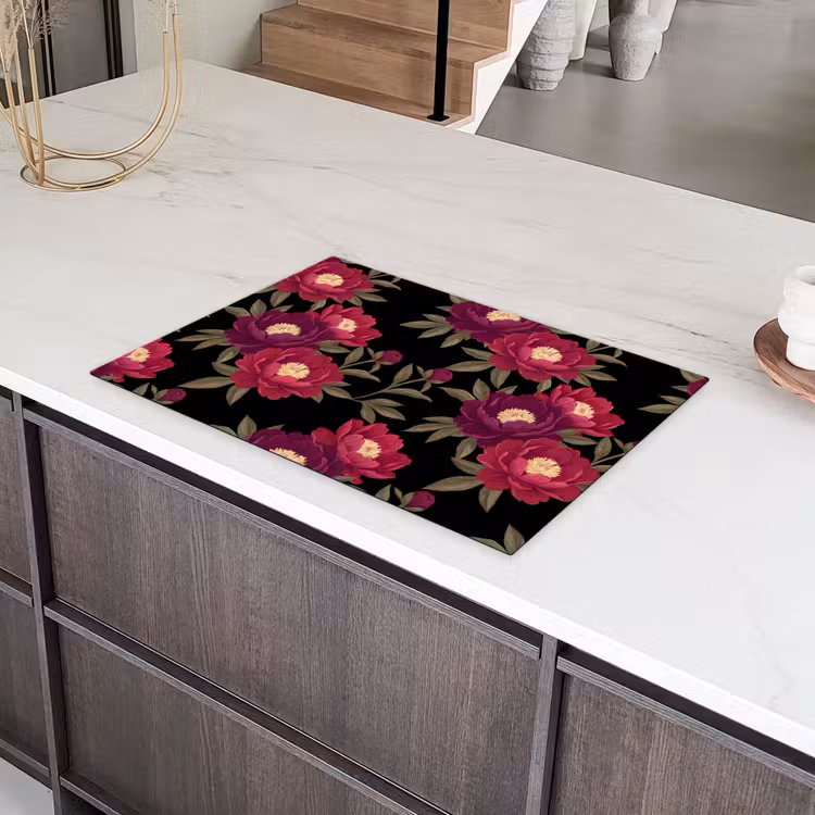 Bloemen - Patroon - Botanisch - Rood - Zwart Inductie beschermer vinyl 3mm klein -sfeer8