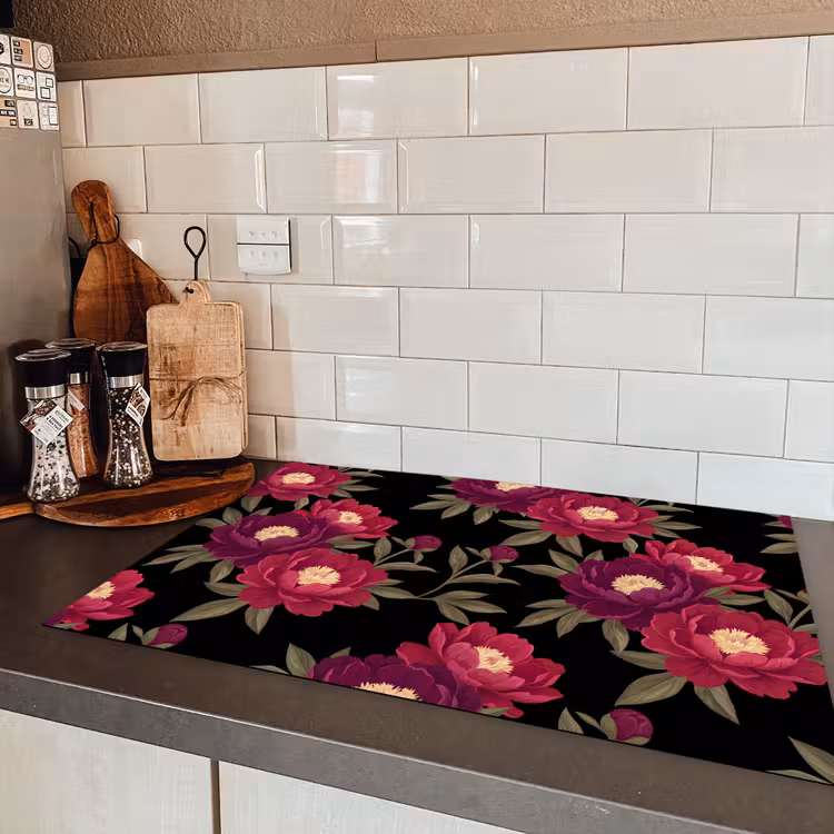 Bloemen - Patroon - Botanisch - Rood - Zwart Inductie beschermer vinyl 3mm klein -sfeer3