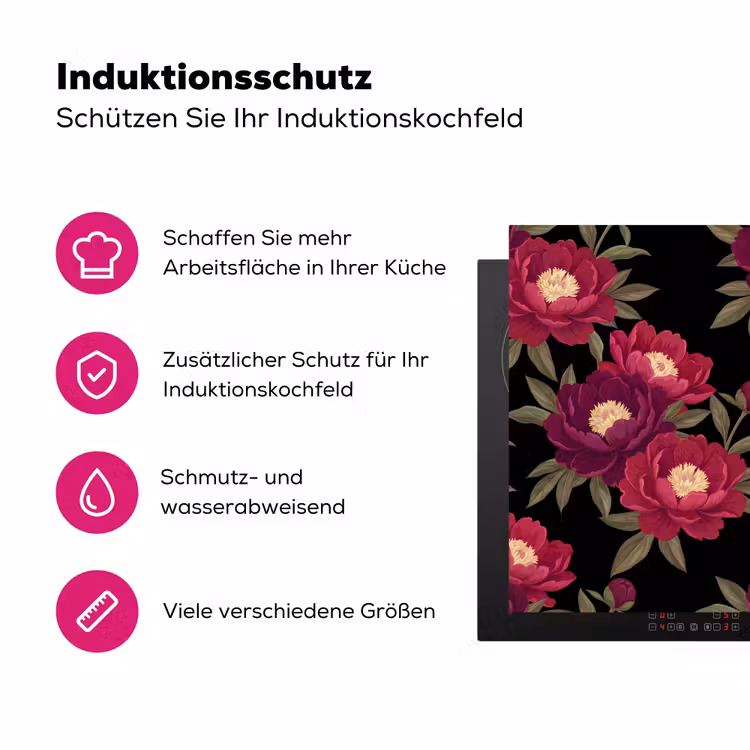 Bloemen - Patroon - Botanisch - Rood - Zwart Inductie beschermer vinyl 3mm klein -zzzzzzz-lf-ups