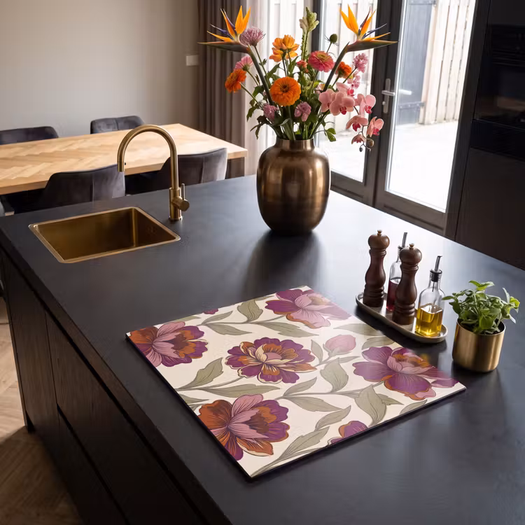 Bloemen - Patroon - Natuur - Modern - Paars Inductie beschermer vinyl 3mm middel -sfeer5