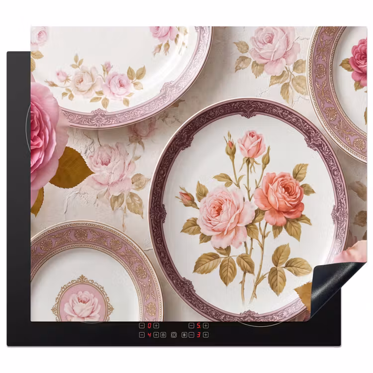 Bloemen - Patroon - Vintage - Roze - Decoratie Inductie beschermer vinyl 3mm middel -3d