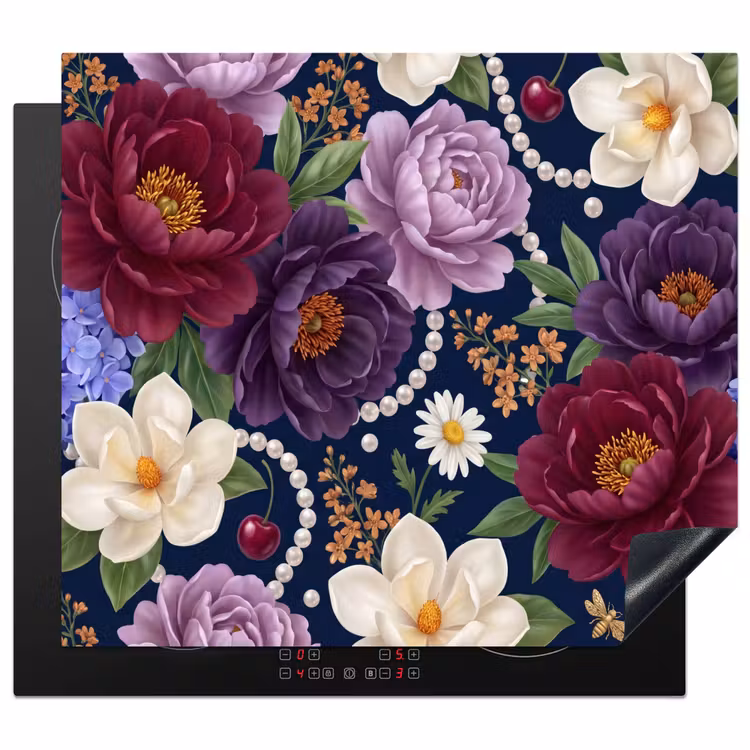 Bloemen - Parels - Decoratie - Modern - Blauw Inductie beschermer vinyl 3mm middel -3d