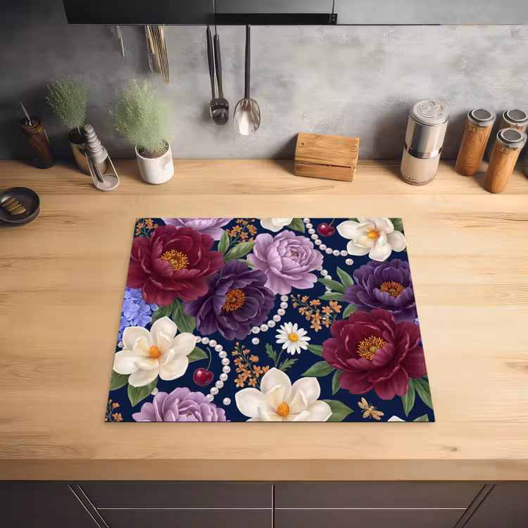 Bloemen - Parels - Decoratie - Modern - Blauw Inductie beschermer vinyl 3mm middel -sfeer5