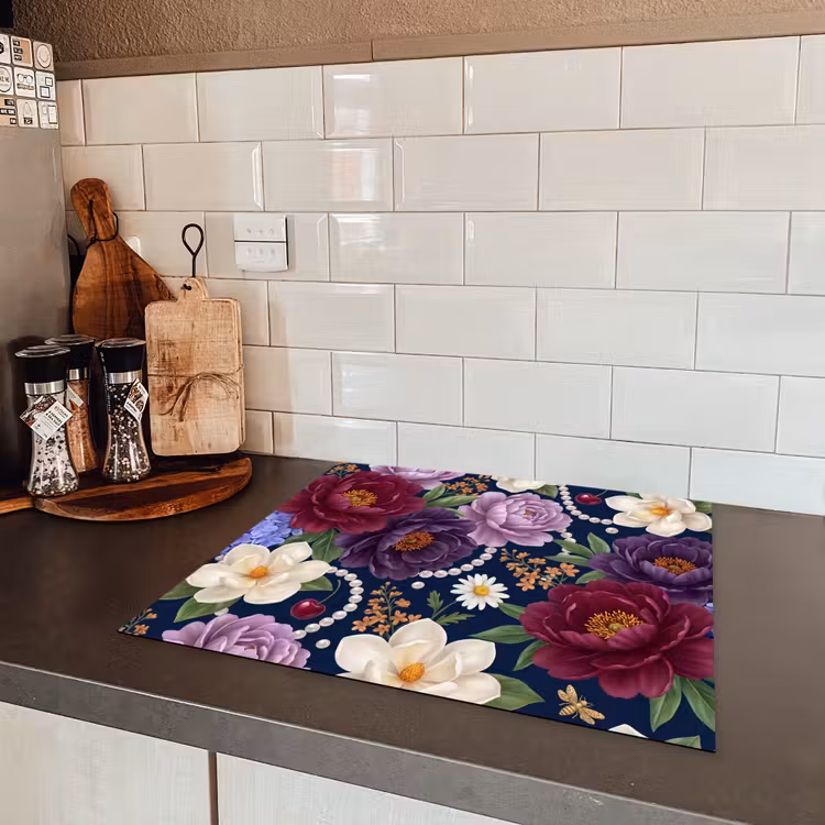 Bloemen - Parels - Decoratie - Modern - Blauw Inductie beschermer vinyl 3mm middel -sfeer3