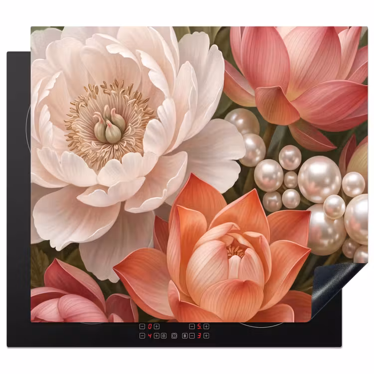 Bloemen - Parels - Elegant - Roze - Wit Inductie beschermer vinyl 3mm middel -3d
