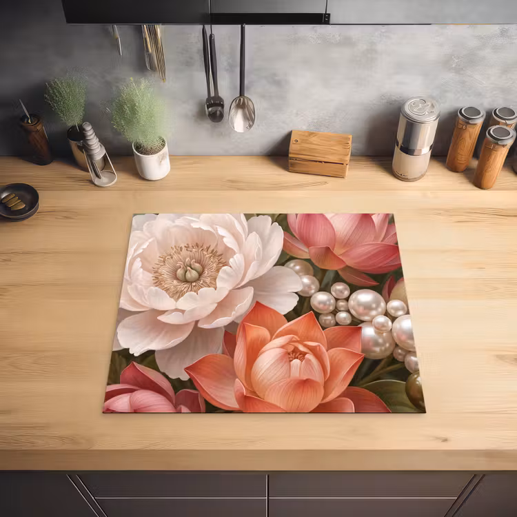 Bloemen - Parels - Elegant - Roze - Wit Inductie beschermer vinyl 3mm middel -sfeer5