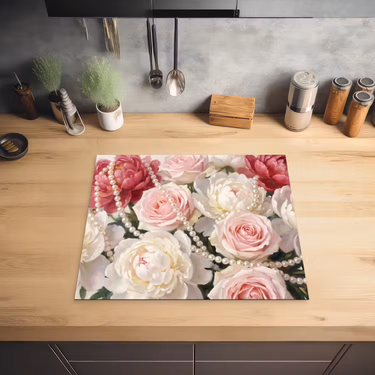 Bloemen - Parels - Romantiek - Klassiek - Roze Inductie beschermer vinyl 3mm middel -sfeer5