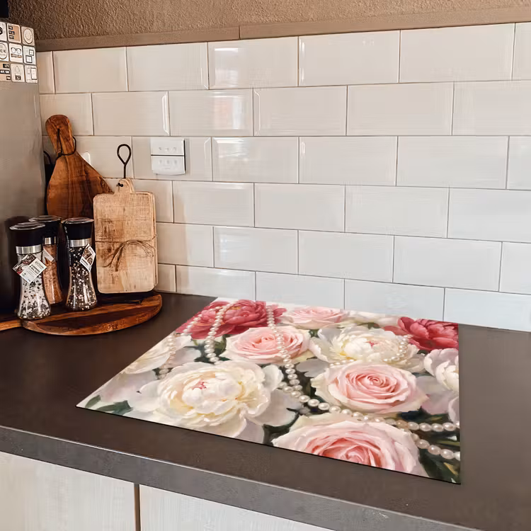 Bloemen - Parels - Romantiek - Klassiek - Roze Inductie beschermer vinyl 3mm middel -sfeer3