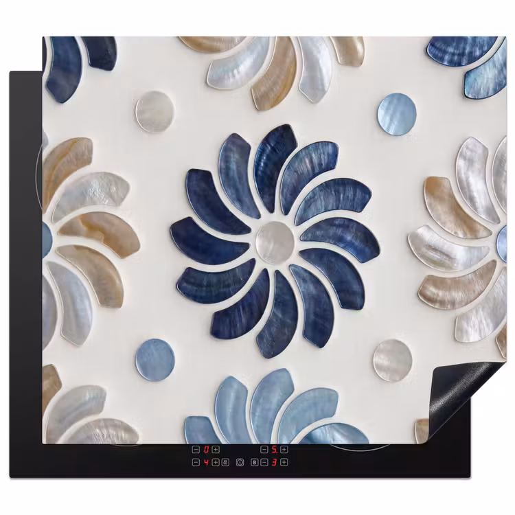 Bloemen - Parelmoer - Abstract - Patroon - Blauw Inductie beschermer vinyl 3mm middel -3d