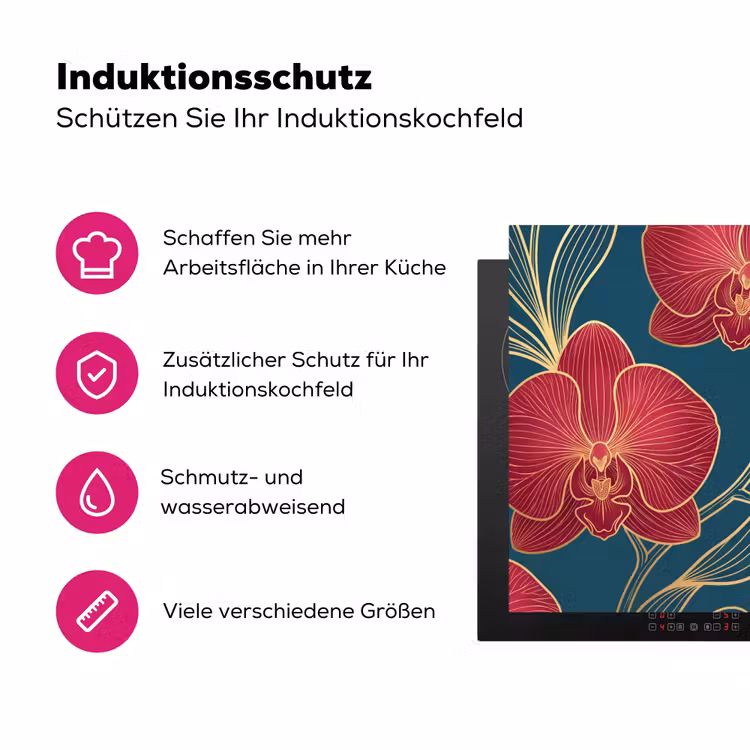 Herdabdeckplatte - Blumen – Rot – Gold - Bloemen - Rood - Goud Inductie beschermer vinyl 3mm middel