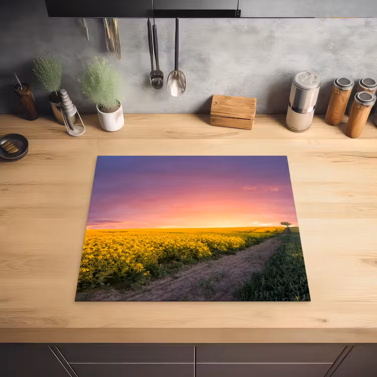 Bloemen - Weg - Lucht - Geel - Paars - Zonsondergang - Natuur Inductie beschermer vinyl 3mm middel -sfeer5
