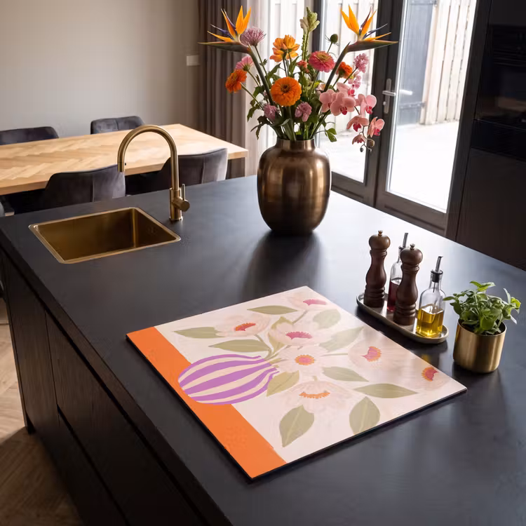Bloemen - Vaas - Abstract - Paars - Oranje Inductie beschermer vinyl 3mm middel -sfeer5