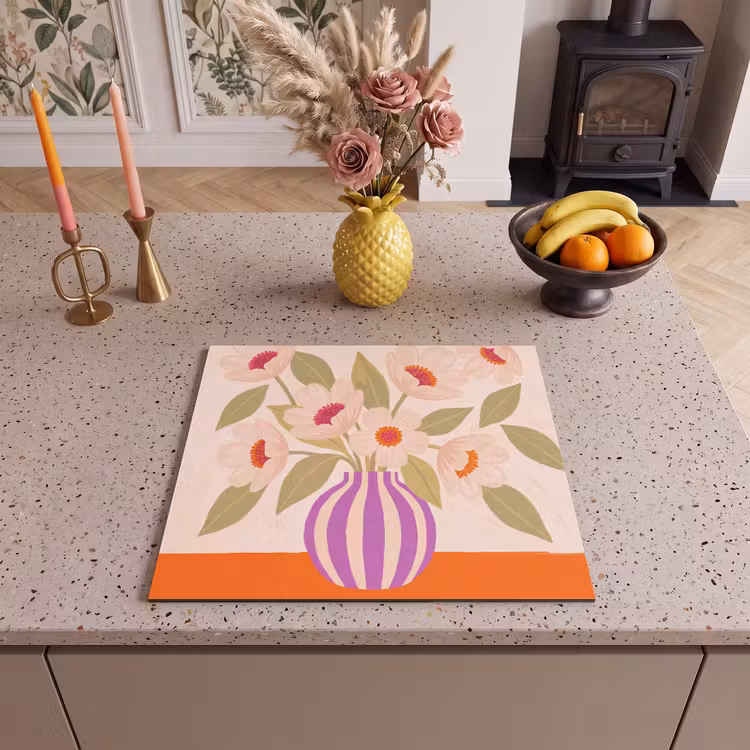 Bloemen - Vaas - Abstract - Paars - Oranje Inductie beschermer vinyl 3mm middel -sfeer3