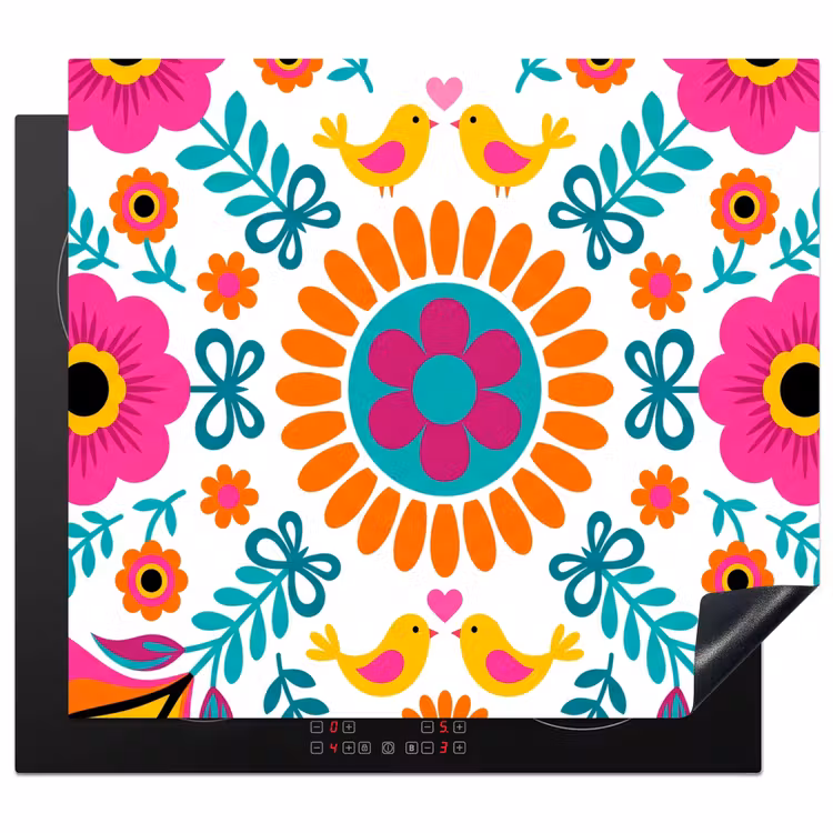 Bloemen - Vogel - Patroon - Kleurrijk - Modern Inductie beschermer vinyl 3mm middel -3d