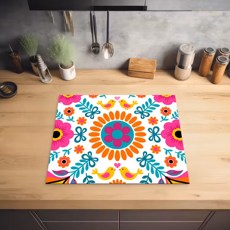 Bloemen - Vogel - Patroon - Kleurrijk - Modern Inductie beschermer vinyl 3mm middel -sfeer5
