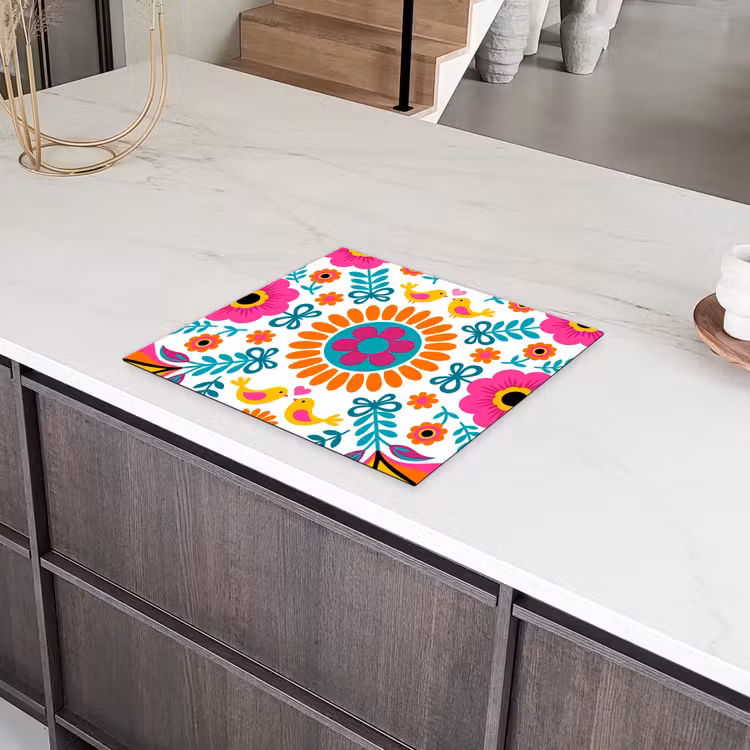 Bloemen - Vogel - Patroon - Kleurrijk - Modern Inductie beschermer vinyl 3mm middel -sfeer8