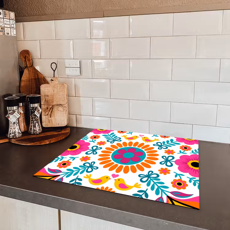 Bloemen - Vogel - Patroon - Kleurrijk - Modern Inductie beschermer vinyl 3mm middel -sfeer3