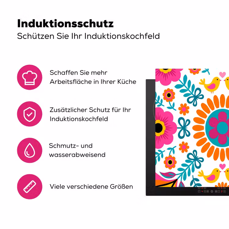 Bloemen - Vogel - Patroon - Kleurrijk - Modern Inductie beschermer vinyl 3mm middel -zzzzzzz-lf-ups