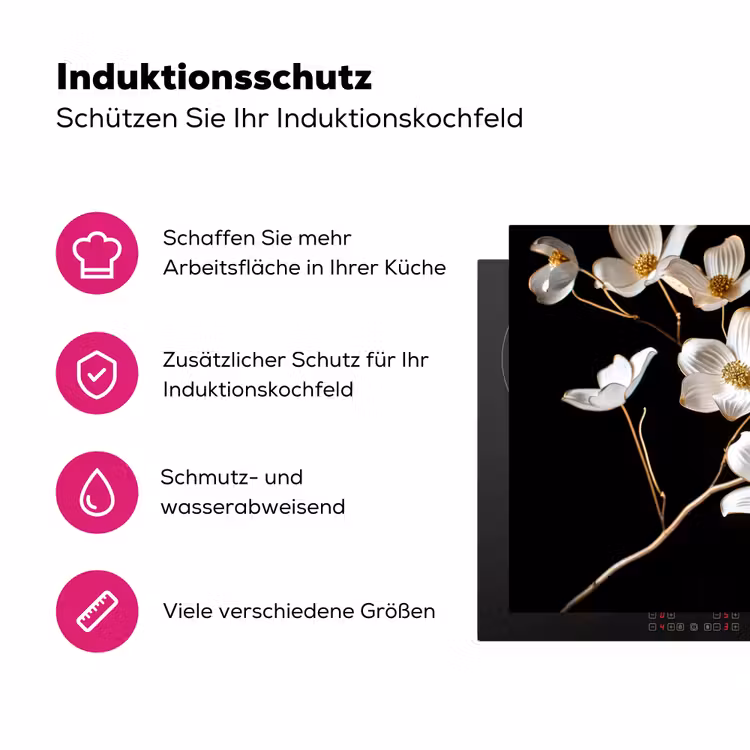 Bloemen - Wit - Goud Inductie beschermer vinyl 3mm klein -zzzzzzz-lf-ups