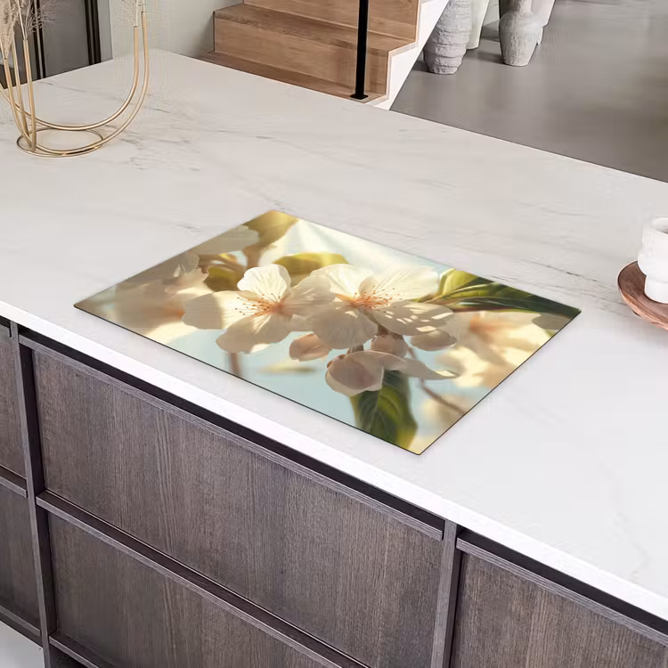Bloesems - Wit - Zonnestralen - Bloemblaadjes Inductie beschermer vinyl 3mm klein -sfeer8