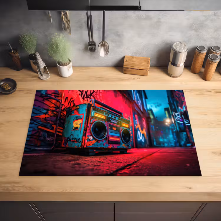 Boombox - Rood - Graffiti - Neon Inductie beschermer vinyl 3mm klein -sfeer5