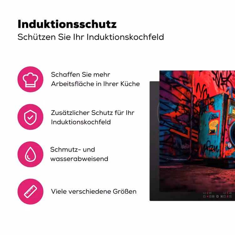 Boombox - Rood - Graffiti - Neon Inductie beschermer vinyl 3mm klein -zzzzzzz-lf-ups