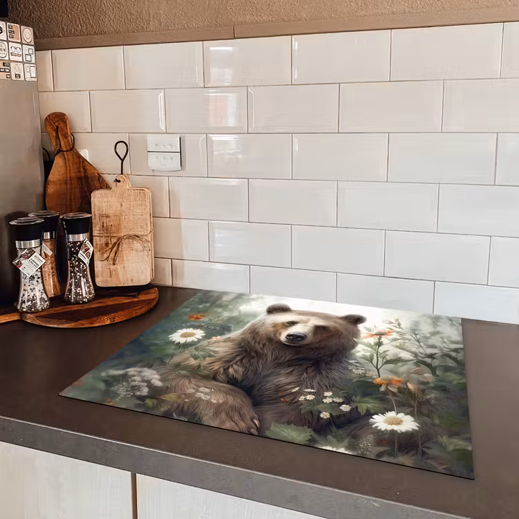 Bruine beer - Wilde dieren - Bloemen - Planten Inductie beschermer vinyl 3mm groot -sfeer3