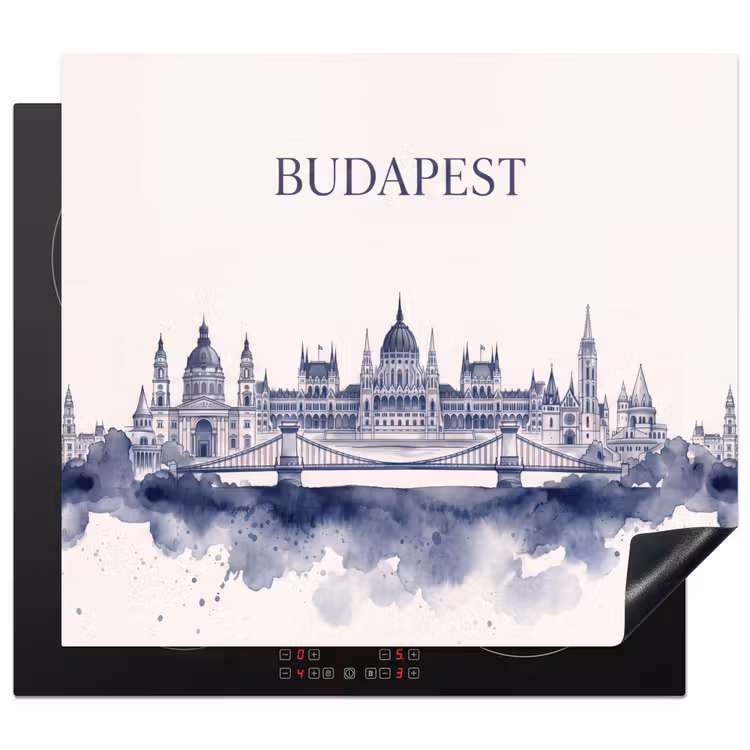 Boedapest - Skyline - Architectuur - Aquarel - Blauw Inductie beschermer vinyl 3mm middel -3d
