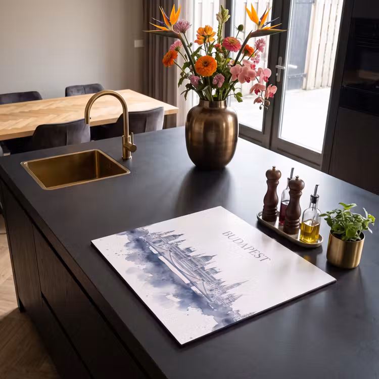 Boedapest - Skyline - Architectuur - Aquarel - Blauw Inductie beschermer vinyl 3mm middel -sfeer5