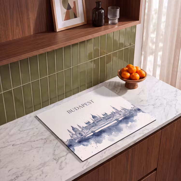 Boedapest - Skyline - Architectuur - Aquarel - Blauw Inductie beschermer vinyl 3mm middel -sfeer8