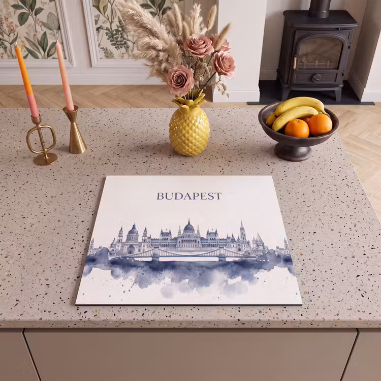 Boedapest - Skyline - Architectuur - Aquarel - Blauw Inductie beschermer vinyl 3mm middel -sfeer3