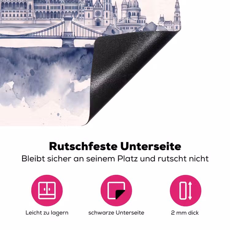 Boedapest - Skyline - Architectuur - Aquarel - Blauw Inductie beschermer vinyl 3mm middel -zzzzzzz-lf-onderkant