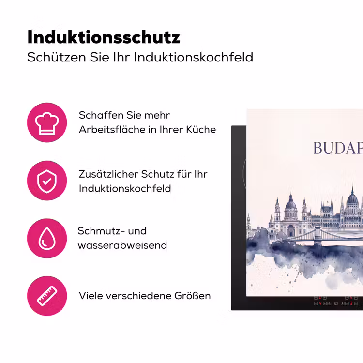 Boedapest - Skyline - Architectuur - Aquarel - Blauw Inductie beschermer vinyl 3mm middel -zzzzzzz-lf-ups