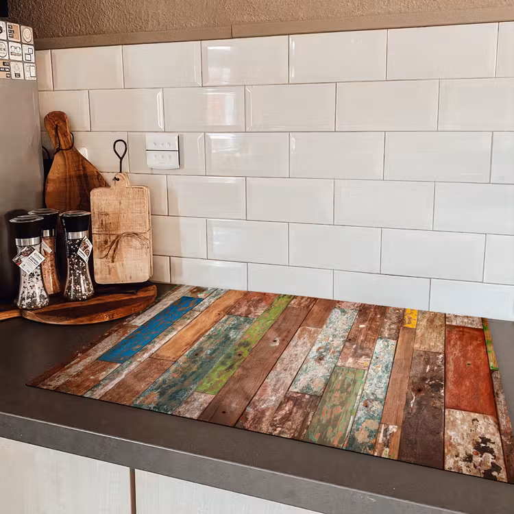 Kleurrijk Verweerd Hout Inductie beschermer vinyl 3mm klein -sfeer3