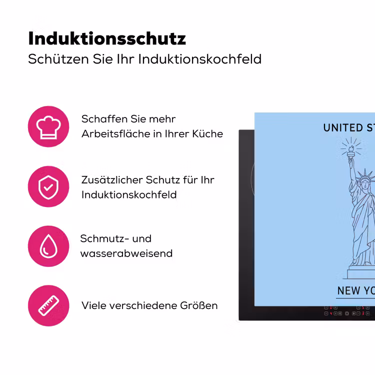 Monument - Vrijheidsbeeld - New York - Minimalistisch - Blauw Inductie beschermer vinyl 3mm middel -zzzzzzz-lf-ups