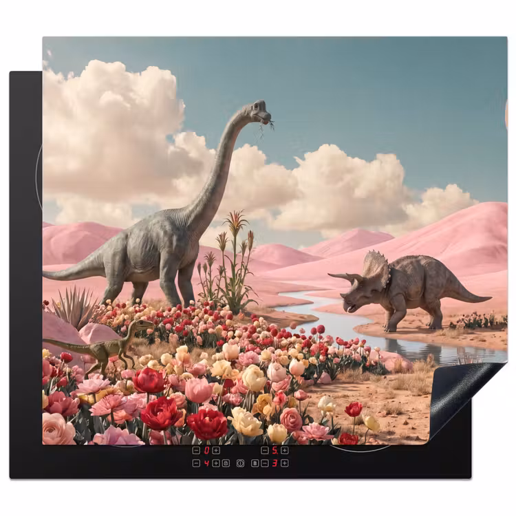 Herdabdeckplatte - Dinosaurier – Rosa – Landschaft - Dinosaurus - Roze - Landschap Inductie beschermer vinyl 3mm middel