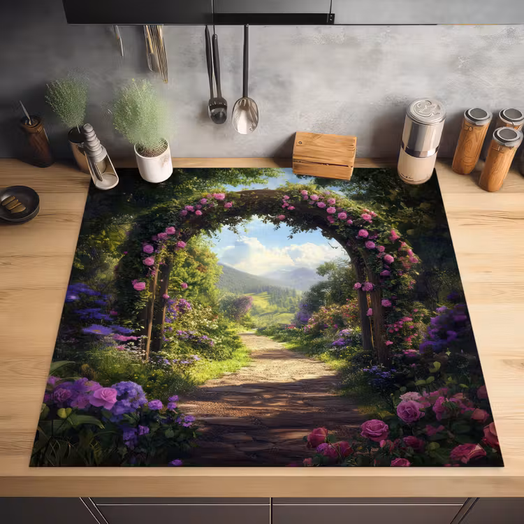 Doorkijk - Rozenboog - Uitzicht - Landschap - Bloemen Inductie beschermer vinyl 3mm middel -sfeer5