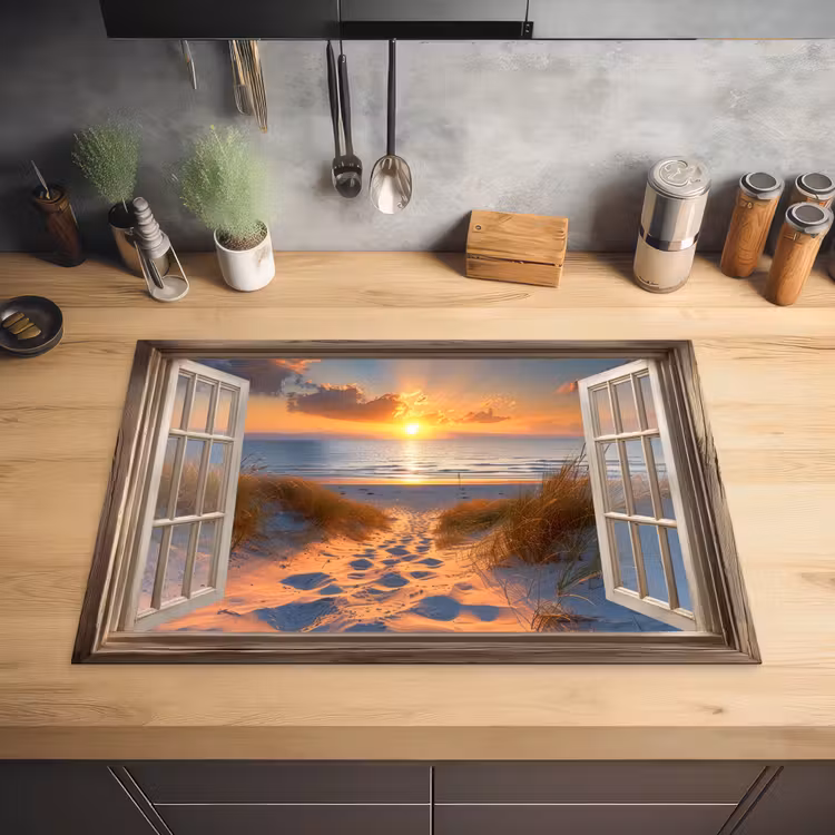 Doorkijk - Strand - Duinen - Zonsondergang Inductie beschermer vinyl 3mm klein -sfeer5