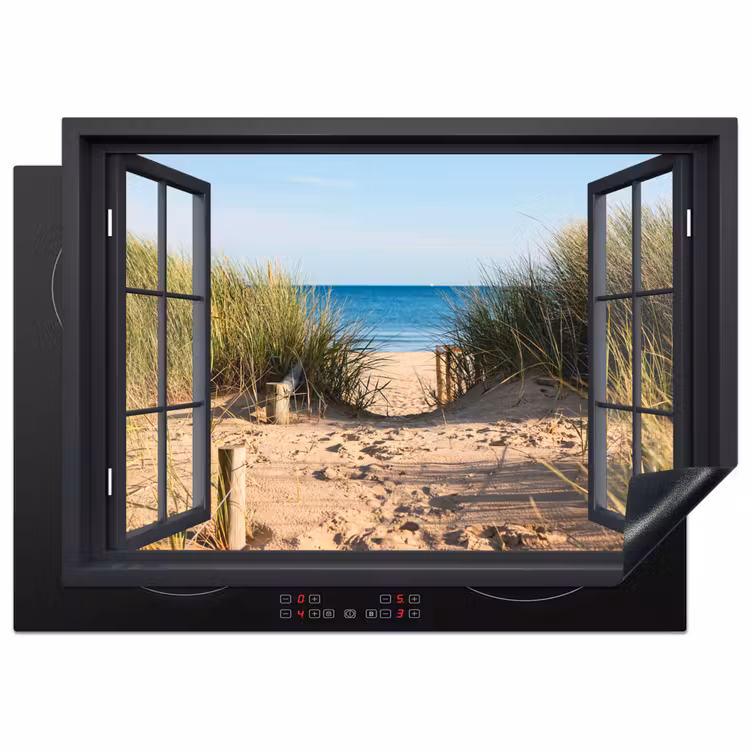 Doorkijk - Strand - Zee - Zand - Water - Helmgras - Duinen Inductie beschermer vinyl 3mm middel -3d