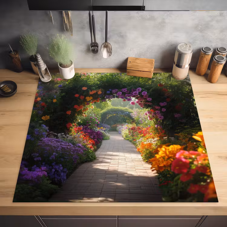 Doorkijk - Pad - Bloemen - Struik - Kleurrijk Inductie beschermer vinyl 3mm middel -sfeer5