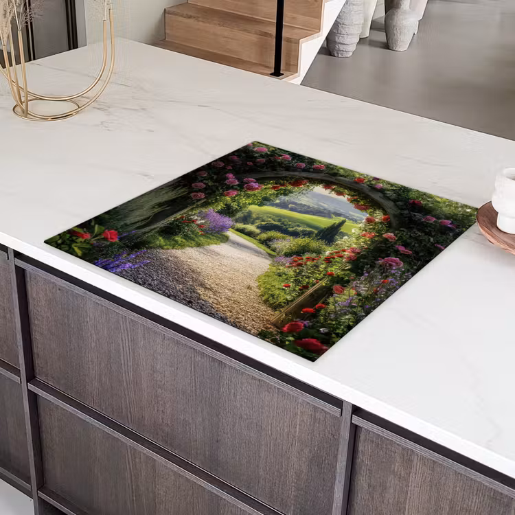 Doorkijk - Tuinboog - Bloemen - Natuur - Pad Inductie beschermer vinyl 3mm middel -sfeer8