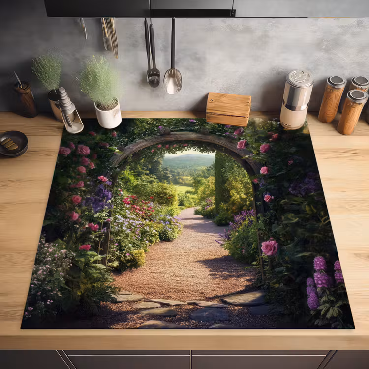Doorkijk - Bloemen - Natuur - Rozenboog Inductie beschermer vinyl 3mm middel -sfeer5