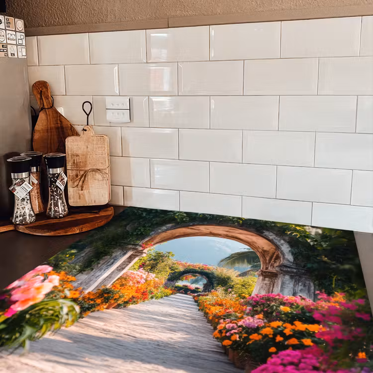 Doorkijk - Bloemen - Tropisch - Kleurrijk Inductie beschermer vinyl 3mm middel -sfeer3