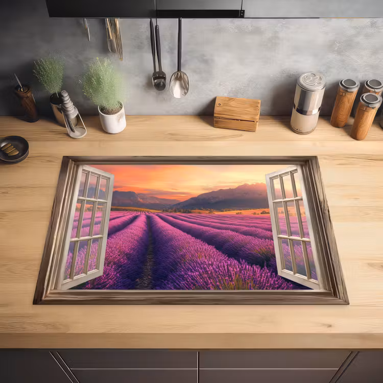 Doorkijk - Lavendel - Landschap - Bloemen - Paars Inductie beschermer vinyl 3mm klein -sfeer5