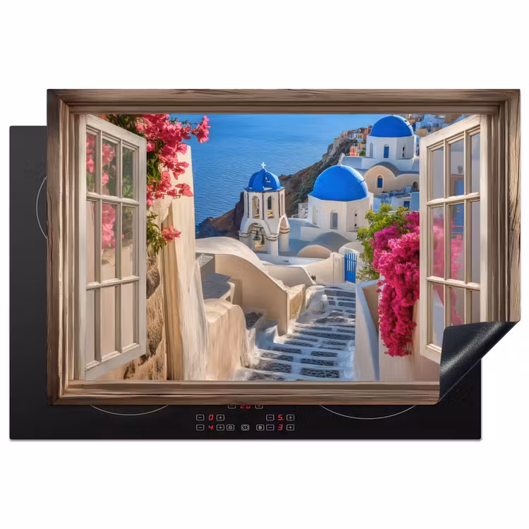 Doorkijk - Santorini - Landschap - Blauw - Grieks Inductie beschermer vinyl 3mm klein -3d