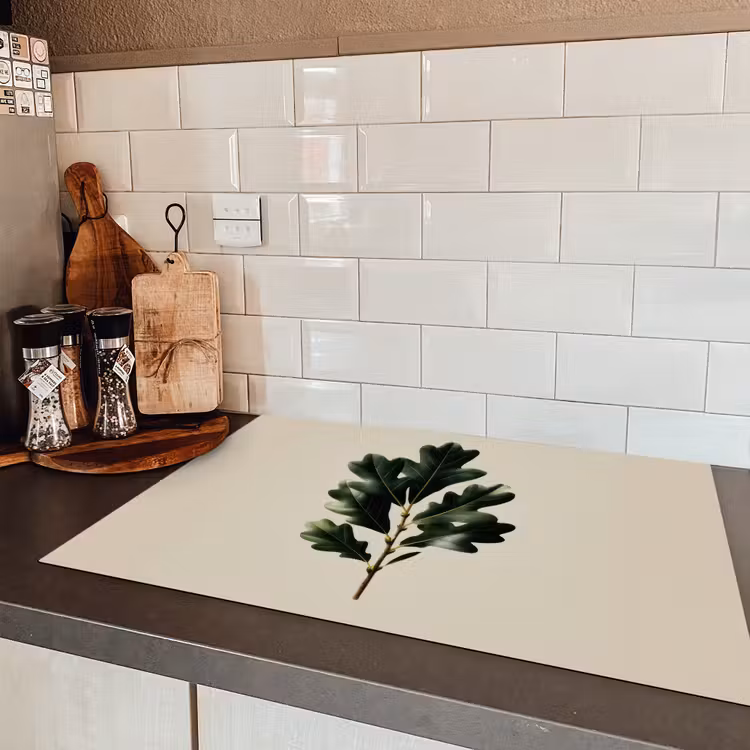 Eikenbladeren - Beige - Groen - Golvende randen Inductie beschermer vinyl 3mm klein -sfeer3