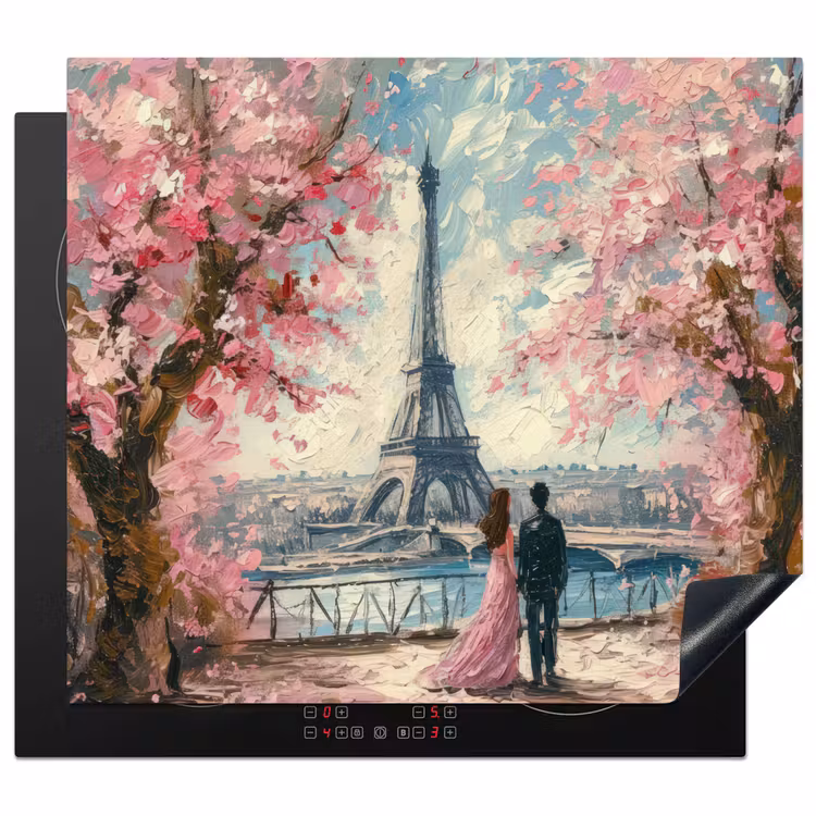 Eiffeltoren - Koppel - Roze - Romantisch - Bomen - Parijs Inductie beschermer vinyl 3mm middel -3d